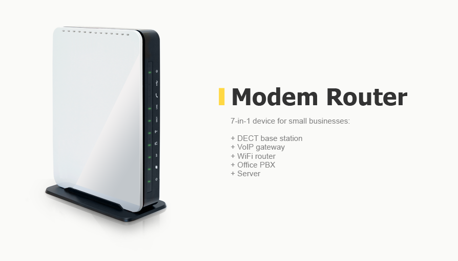 7-in-1 device for small businesses: DECT base station, VolP gateway, WiFi router, Office PBX, Server