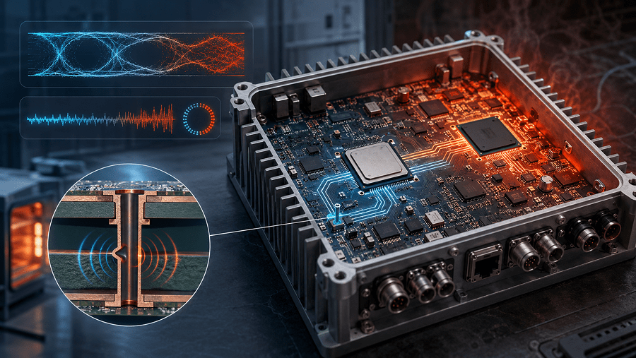 Industrial gateway PCB under heat stress with PCIe signal integrity diagnostics