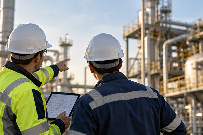 Two engineers reviewing industrial automation infrastructure and planning Ethernet-APL migration at a process plant
