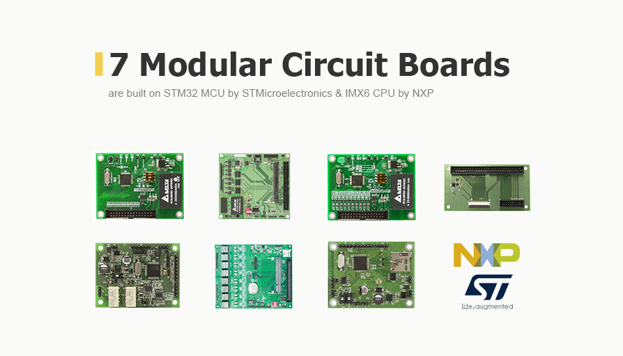 7 Modular Circuit Boards are built on STM32 MCU by STMicroelectronics & IMX6 CPU by NXP
