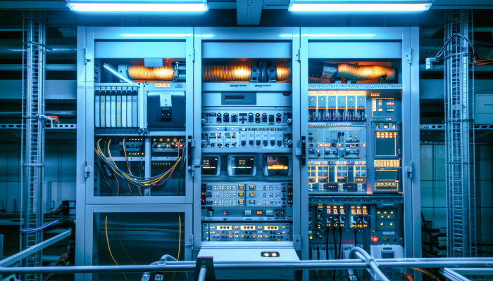 Industrial control cabinet with wiring, terminal blocks, and I/O modules for process automation.