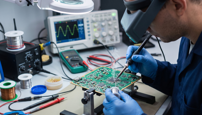 Engineer testing industrial sensor PCB with oscilloscope