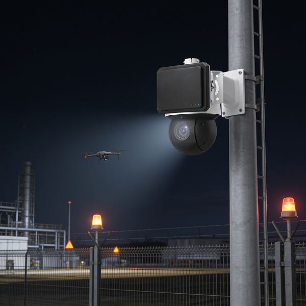 Radar-video system detecting a drone flying over a refinery perimeter at night