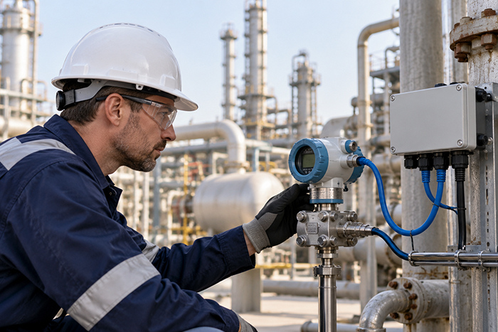Industrial engineer inspecting a process transmitter connected to an automation network at a chemical plant