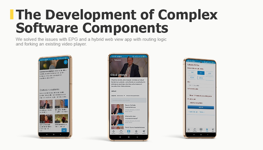 The Development of Complex Software Components. We solved the issues with EPG and a hybrid web view app with routing logic and forking an existing video player.