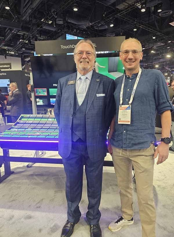 Roman Pakholkov with Nigel Spratling from Ross Video at NAB Show, Las Vegas, Apr 2026