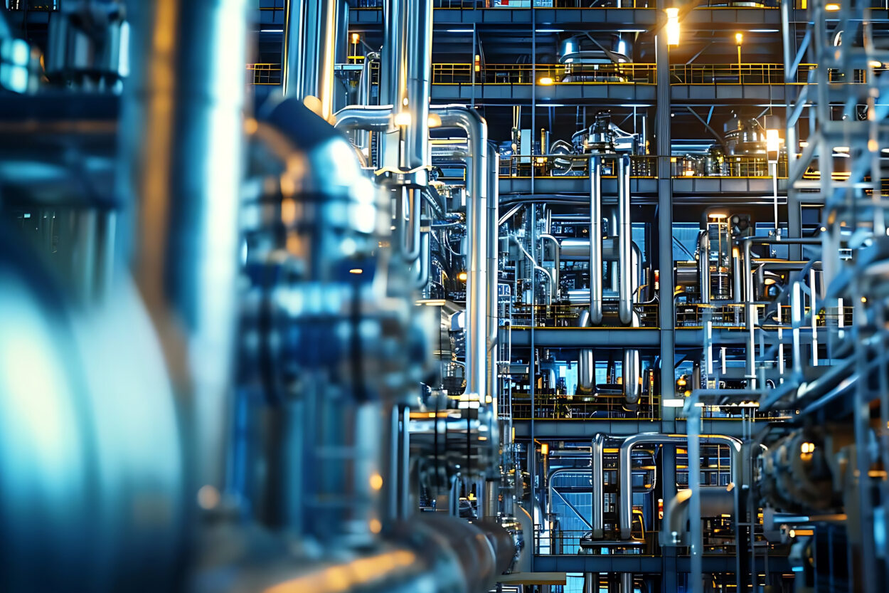 Industrial process plant with field instruments and transmitters installed along process piping.