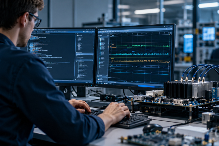 Engineer testing a RISC-V ASIC design using FPGA prototyping hardware and digital signal waveforms in an electronics laboratory.