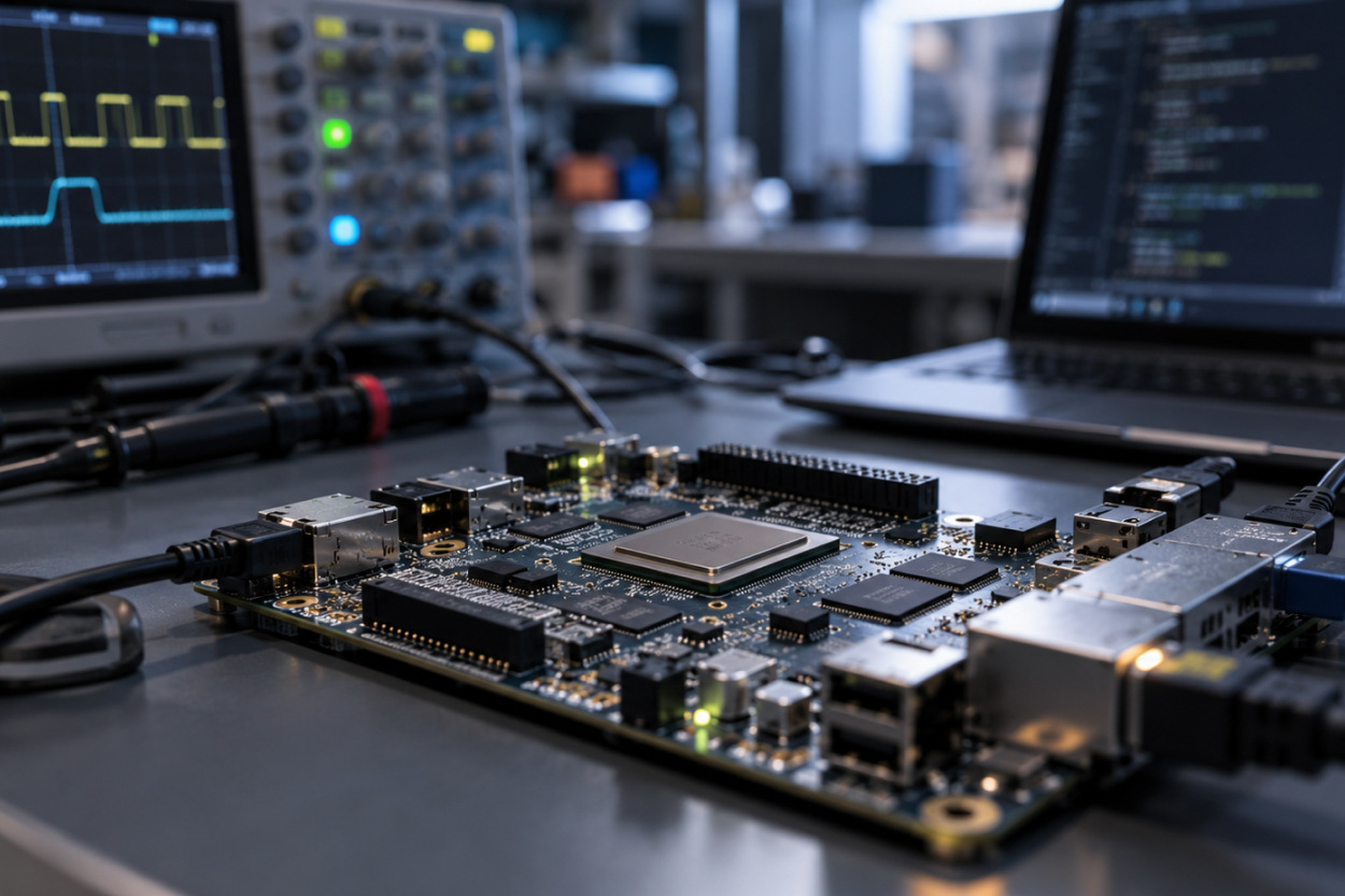 Embedded multicore SoC board under laboratory testing