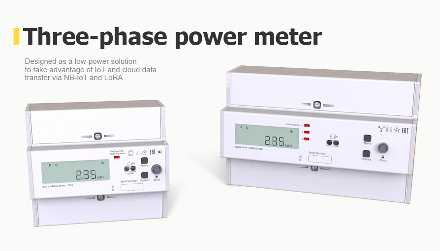 Three-phase power meter. Designed as a low-power solution to take advantage of IoT and cloud data transfer via NB-IoT and LoRA